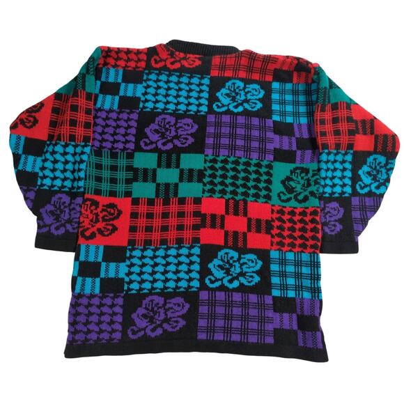 VTG Traffic Jam Sweater L Multicolor Patchwork Floral Geometric Knit 90s - Picture 8 of 8